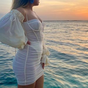 Oh Polly Off-White Mesh Dress with Sleeves